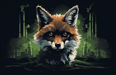 illustration of fox with a black background, smoke stacks and oil, environmental awareness