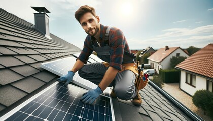 a technician on a residential rooftop, diligently installing solar panels.
