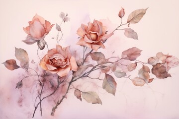 Watercolor drawing of dry roses on pale pink background. Generative AI