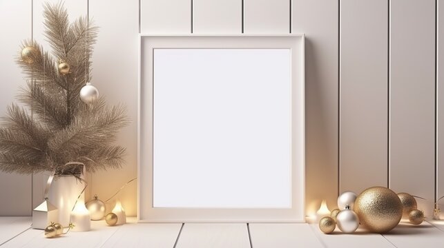 White blank picture frame with Christmas decorations, holidays festive mock up, Generative ai