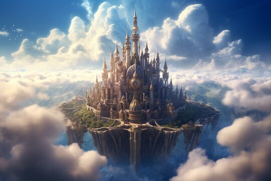 Imaginative Castle Floating In The Clouds With Intricate Designs And Stunning Scenes Using Advanced Gaming Technology. Generative AI