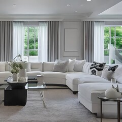 A chic, monochromatic living room with all-white furnishings, accents, and a minimalist aesthetic5, Generative AI