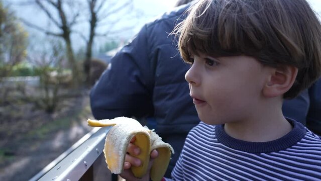 Child eating banana while riding miniature train at railroad park track. Close-up face of small boy snacking healthy food