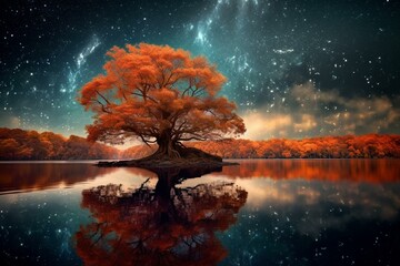 A towering tree with vibrant orange leaves reflected on a serene lake under the enchanting night sky. Generative AI