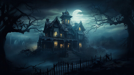 A haunted house at night, moon background, scary, mansion for halloween