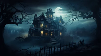 Fotobehang A haunted house at night, moon background, scary, mansion for halloween © Jeramy