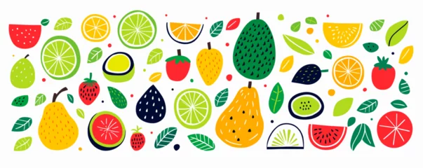 Fotobehang Fruit collection in flat hand drawn style, illustrations set. Tropical fruit and graphic design elements. Ingredients color cliparts. Sketch style smoothie or juice ingredients © VanDesigns