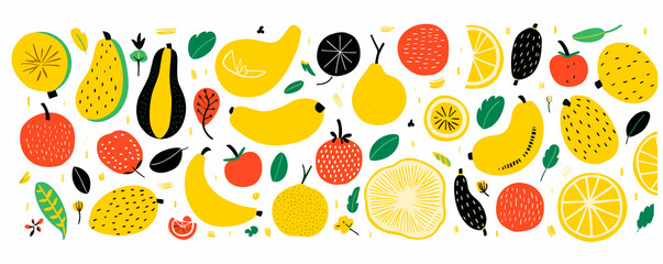 Fruit collection in flat hand drawn style, illustrations set. Tropical fruit and graphic design elements. Ingredients color cliparts. Sketch style smoothie or juice ingredients - obrazy, fototapety, plakaty