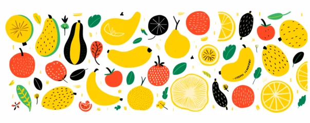 Tuinposter Fruit collection in flat hand drawn style, illustrations set. Tropical fruit and graphic design elements. Ingredients color cliparts. Sketch style smoothie or juice ingredients © VanDesigns
