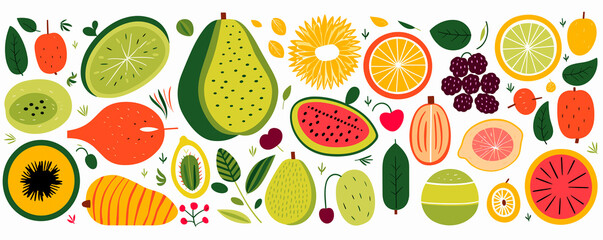 Fruit Vegetable collection flat hand drawn sketch illustration set. Tropical smoothy juice...