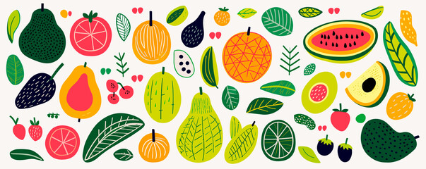 Fruit Vegetable collection flat hand drawn sketch illustration set. Tropical smoothy juice Ingredients graphic design elements. color clipart - obrazy, fototapety, plakaty