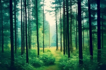 Green forest background with woods and evergreen trees. Natural artwork. Generative AI