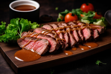 Slice of beef steak with sauce generative AI