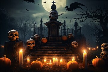 Spooky scene with pumpkin, skull, and candles in a churchyard. Halloween theme. Generative AI