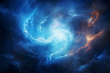 A mystic gateway emitting blue energy, viewed head-on. A swirling teleportation vortex composed of smoky hues. A visual effect component. Generative AI