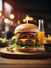 burger on table with cafe atmosphere, AI generated