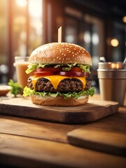 burger on table with cafe atmosphere, AI generated