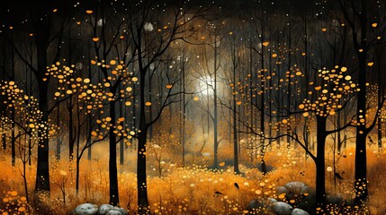 AI-generated illustration of an autumn forest. MidJourney.