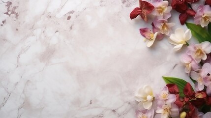 space for text on marble background surrounded by various flowers and florals from top view, background image, AI generated