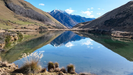 Drone  shot of Lake Kirkpatrick on the way to remote rural alpine Moke Lake near Queenstown