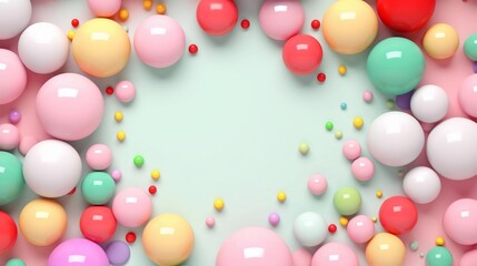 Fototapeta na wymiar space for text on pastel background surrounded by colorful ball toys from top view, background image, AI generated