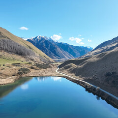 Drone  shot of Lake Kirkpatrick on the way to remote rural alpine Moke Lake near Queenstown
