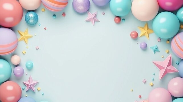 space for text on pastel background surrounded by colorful ball toys from top view, background image, AI generated