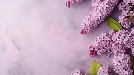 space for text on textured background surrounded by Lilac flowers from top view, background image, AI generated