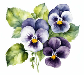 Viola flower with leafs, pastel watercolor drawing