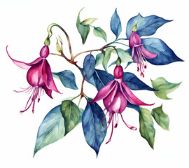 Fuchsia flower with leafs, pastel watercolor drawing