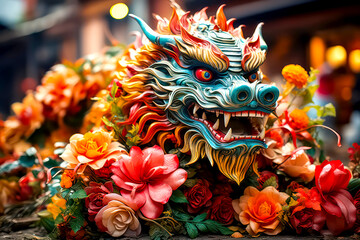 A street with a giant Chinese dragon embodying traditional folklore and the zodiac symbol of luck, strength and power.