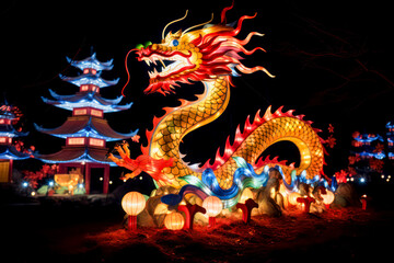 Obraz premium A street with a giant Chinese dragon embodying traditional folklore and the zodiac symbol of luck, strength and power.