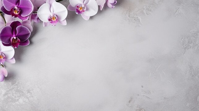 space for text on textured background surrounded by orchid flowers from top view, background image, AI generated