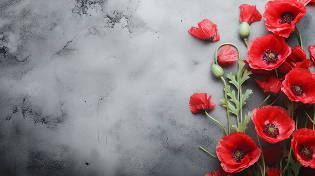 space for text on textured background surrounded by Poppy flowers from top view, background image, AI generated