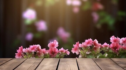 space for text on wooden textured background surrounded by Geranium flowers from top view, background image, AI generated