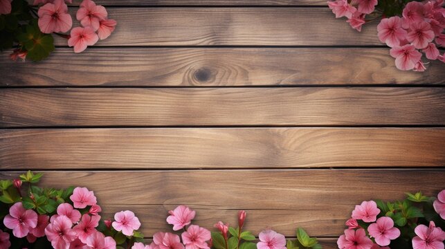 space for text on wooden textured background surrounded by Geranium flowers from top view, background image, AI generated