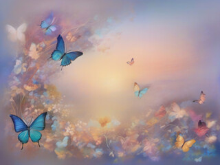Fototapeta na wymiar Many colorful butterflies fly in the dreamland