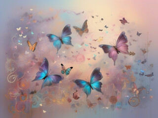 Fototapeta na wymiar Many colorful butterflies fly in the dreamland