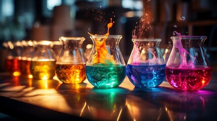 Bubbling beakers in a colorful, explosive chemistry lab