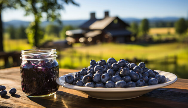 blueberry compote and a farm in the background