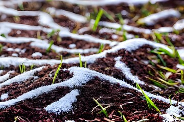hyper-realistic macro shoot of grass sprouting on wet soil after the snow melts in the spring season - obrazy, fototapety, plakaty