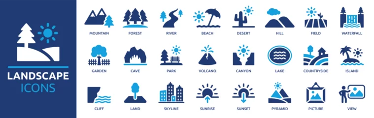 Deurstickers Landscape icon set. Containing mountain, forest, river, beach, desert, field, island, volcano, waterfall, and more. Vector solid symbol collection. © Icons-Studio