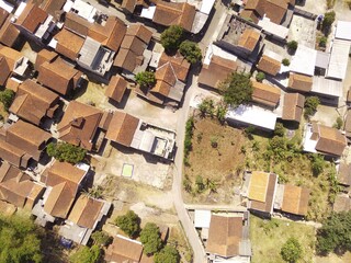 Residential Housing. Aerial drone shot landscape view of densely populated housing in a village at the foot of Mount Pangradinan - Bandung, Indonesia. Dense housing, Aerial Landscape