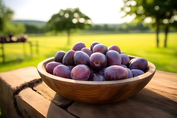 Rustic Plums in a wooden bowl with a green landscape.