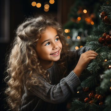 Happy little girl decorating christmas tree at home, winter holidays, charity and people concept. Merry Christmas Holiday concept. Generative AI
