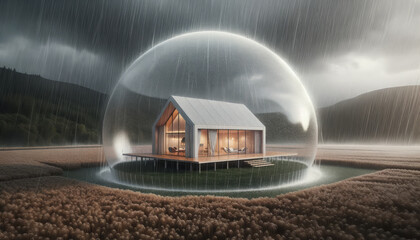 House covered transparent bubble to protect it from rain and storm in a field. Concept of home insurance. Ai generative - obrazy, fototapety, plakaty