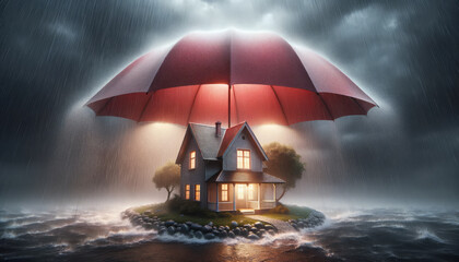 House covered with red umbrella to protect it from rain and storm. Concept of home insurance. Ai generative - obrazy, fototapety, plakaty
