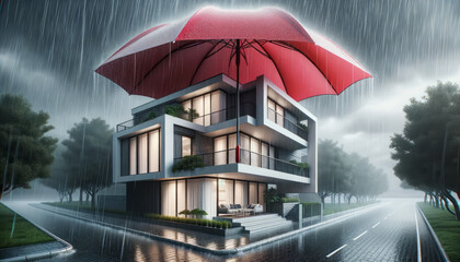 House covered with red umbrella to protect it from rain and storm. Flood on the streets. Concept of home insurance. Ai generative