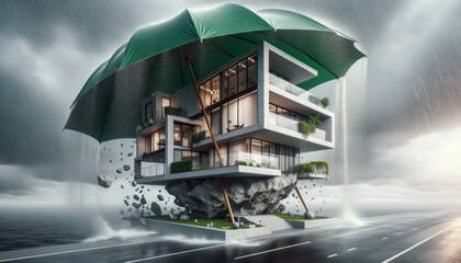 House covered with green umbrella to protect it from rain and storm. Concept of home insurance. Ai generative - obrazy, fototapety, plakaty