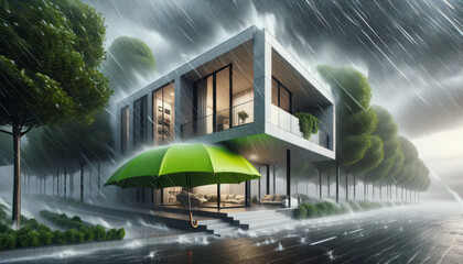 House covered with green umbrella to protect it from rain and storm. Flood on the streets. Concept of home insurance. Ai generative